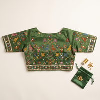 Sage Green Embroidered Silk Saree Blouse with Floral & Bird Motifs