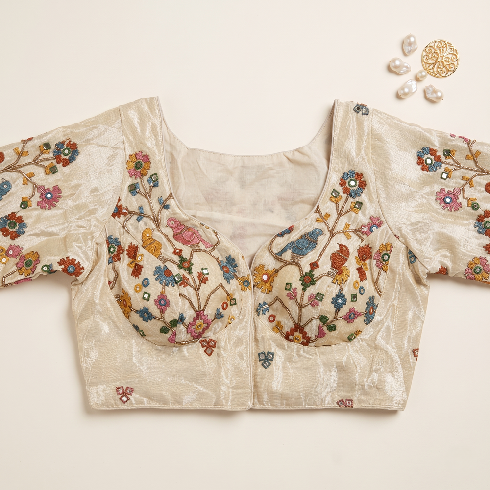 White Embroidered Silk Saree Blouse with Floral & Bird Motifs