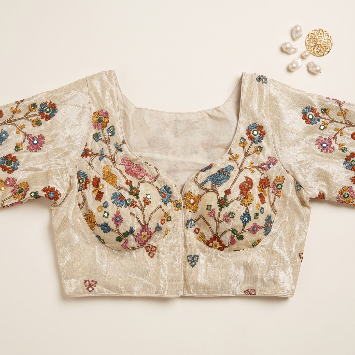White Embroidered Silk Saree Blouse with Floral & Bird Motifs