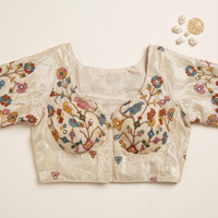 White Embroidered Silk Saree Blouse with Floral & Bird Motifs
