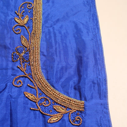 "Hand Embroidered Blue Blouse Fabric with Gold Zardozi and Floral Detailing – Festive & Bridal"