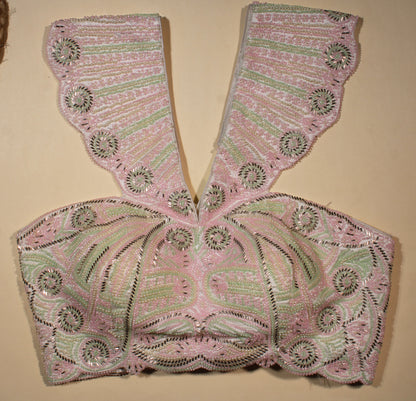 Pastel Pink and Mint Green Scalloped Wing Collar Blouse with Heavy Beadwork