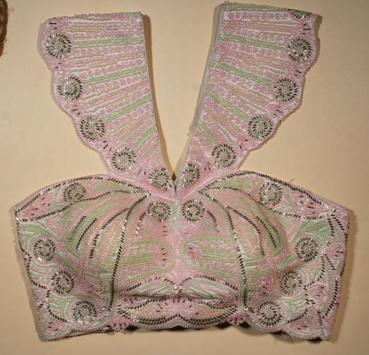 Pastel Pink and Mint Green Scalloped Wing Collar Blouse with Heavy Beadwork