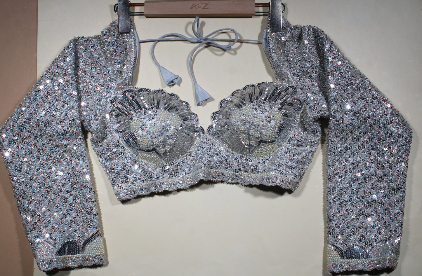 Silver Nude Hand-Embroidered Blouse with Delicate Sequin Borders