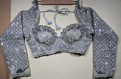 Silver Nude Hand-Embroidered Blouse with Delicate Sequin Borders