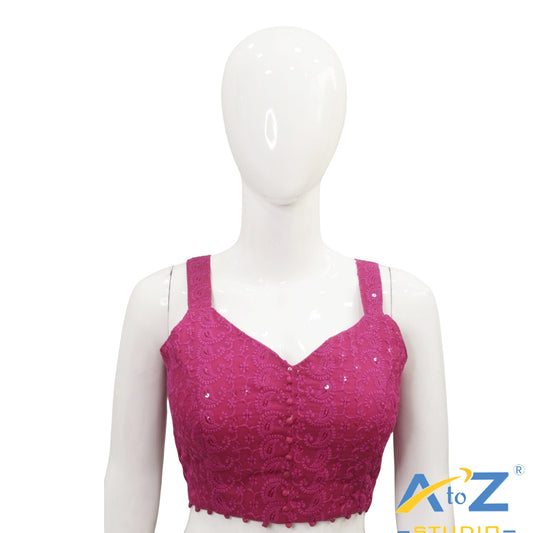Rani Pink Embroidered Cotton Blouse with Front Button Accents