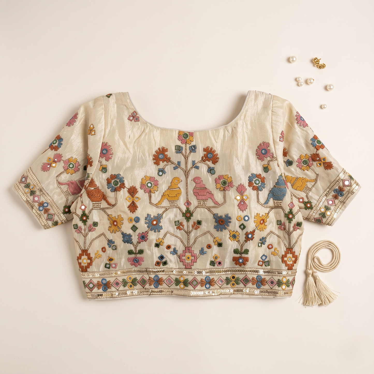 White Embroidered Silk Saree Blouse with Floral & Bird Motifs