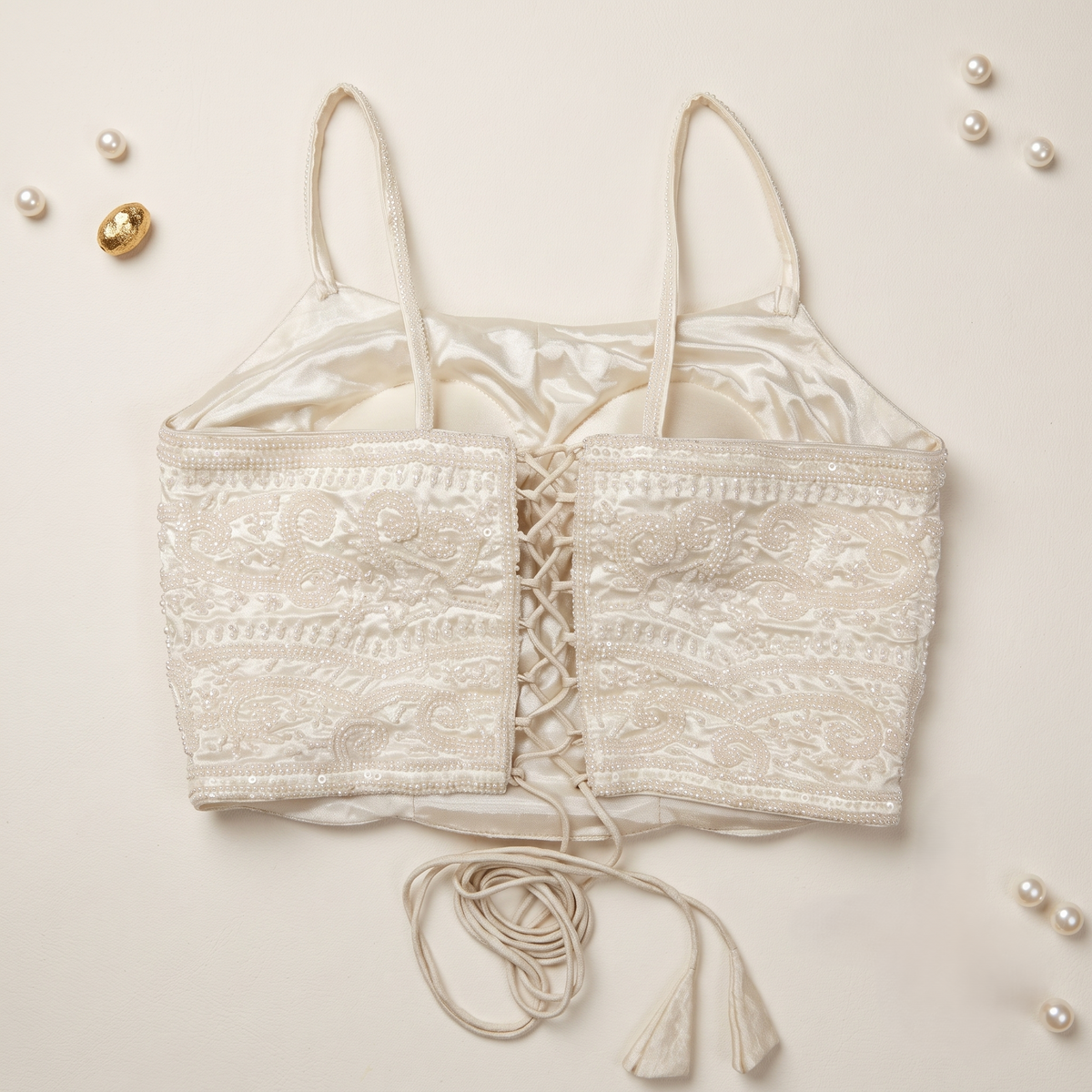 Cream Tonal Beaded Lattice Crop Top
