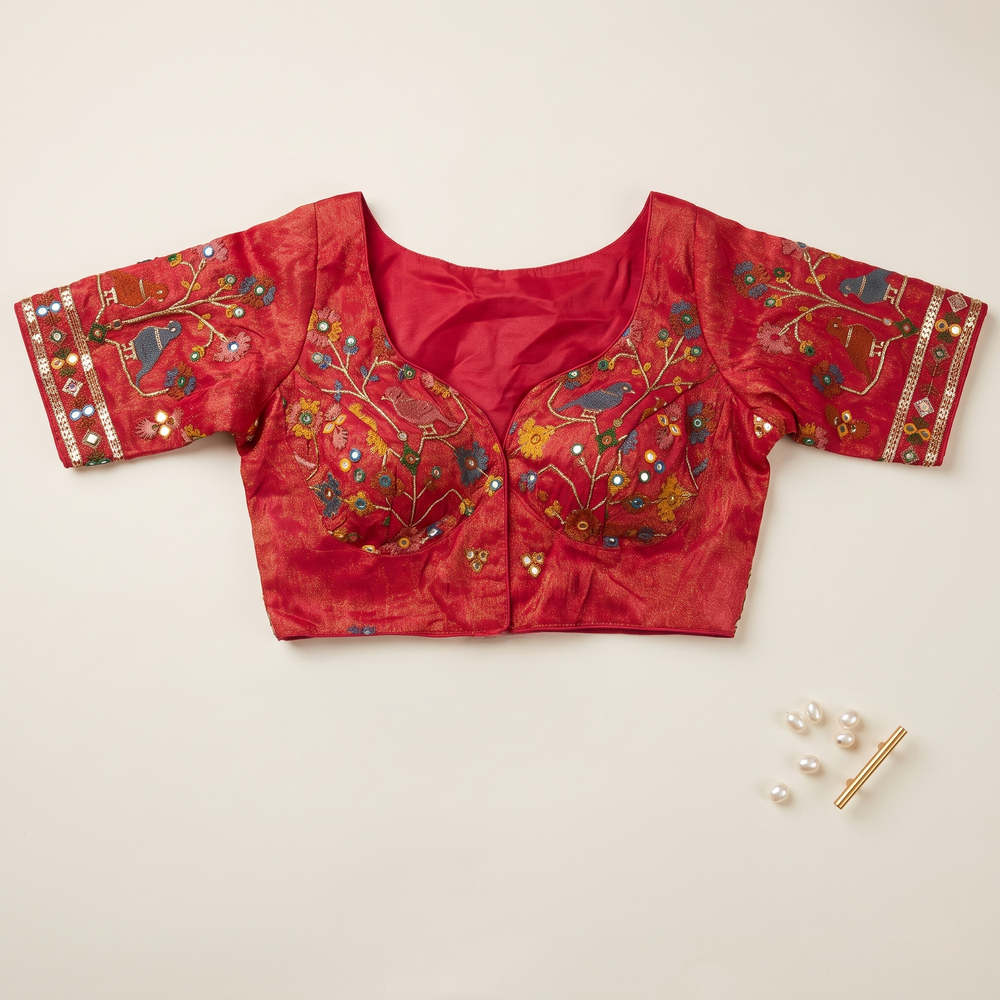 Rani Embroidered Silk Saree Blouse with Floral & Bird Motifs