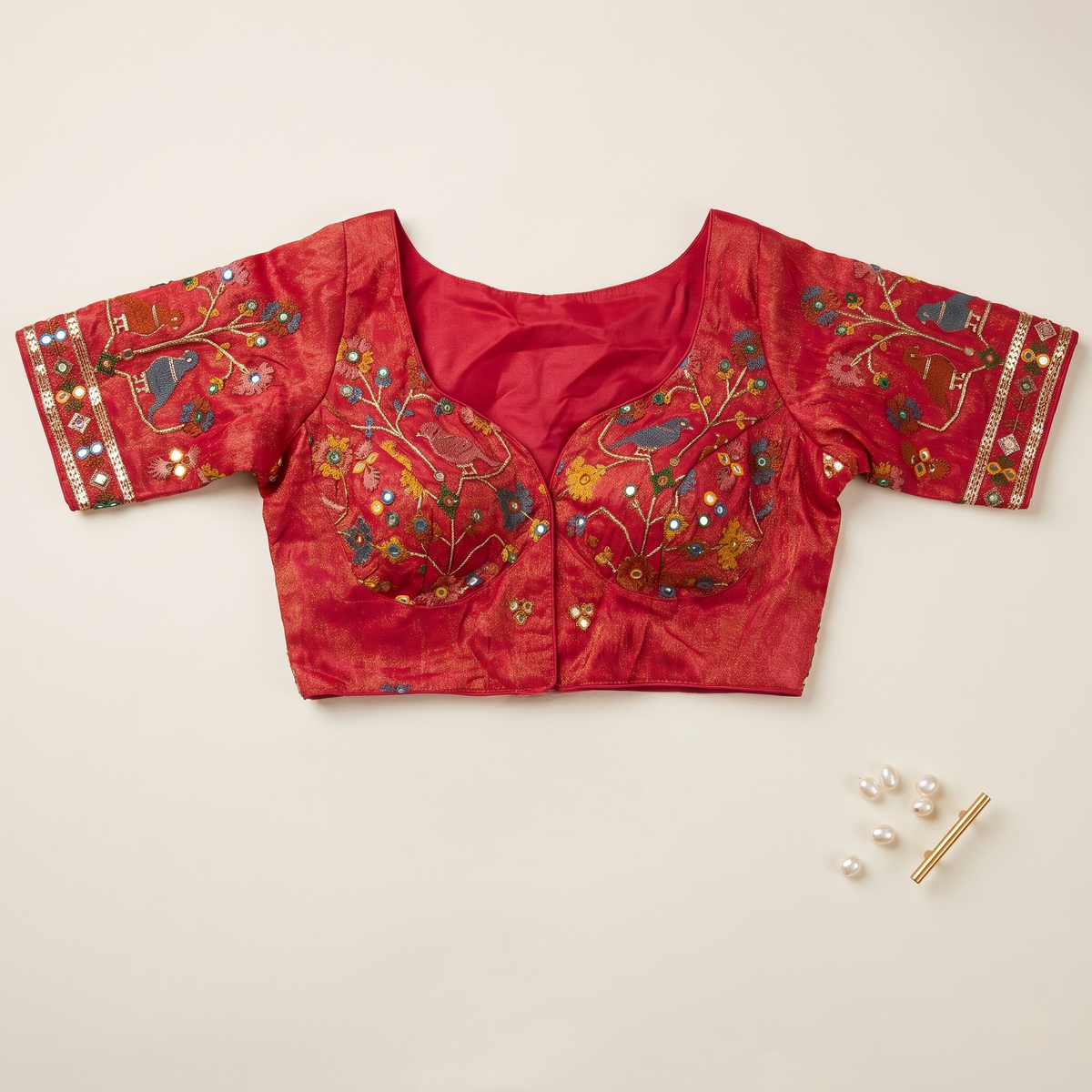 Rani Embroidered Silk Saree Blouse with Floral & Bird Motifs