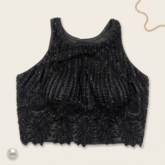 Jet Black Sculpted High-Neck Blouse