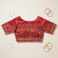 Rani Embroidered Silk Saree Blouse with Floral & Bird Motifs