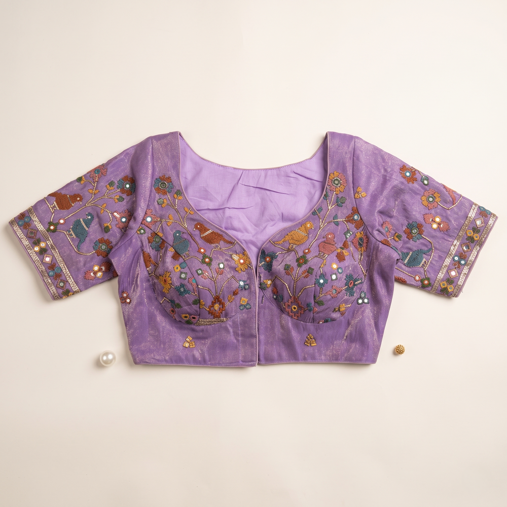 Lt Lavender Embroidered Silk Saree Blouse with Floral & Bird Motifs