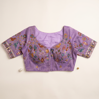 Lt Lavender Embroidered Silk Saree Blouse with Floral & Bird Motifs