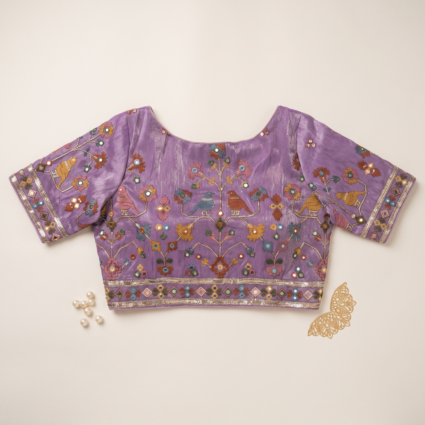 Lt Lavender Embroidered Silk Saree Blouse with Floral & Bird Motifs