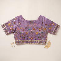 Lt Lavender Embroidered Silk Saree Blouse with Floral & Bird Motifs