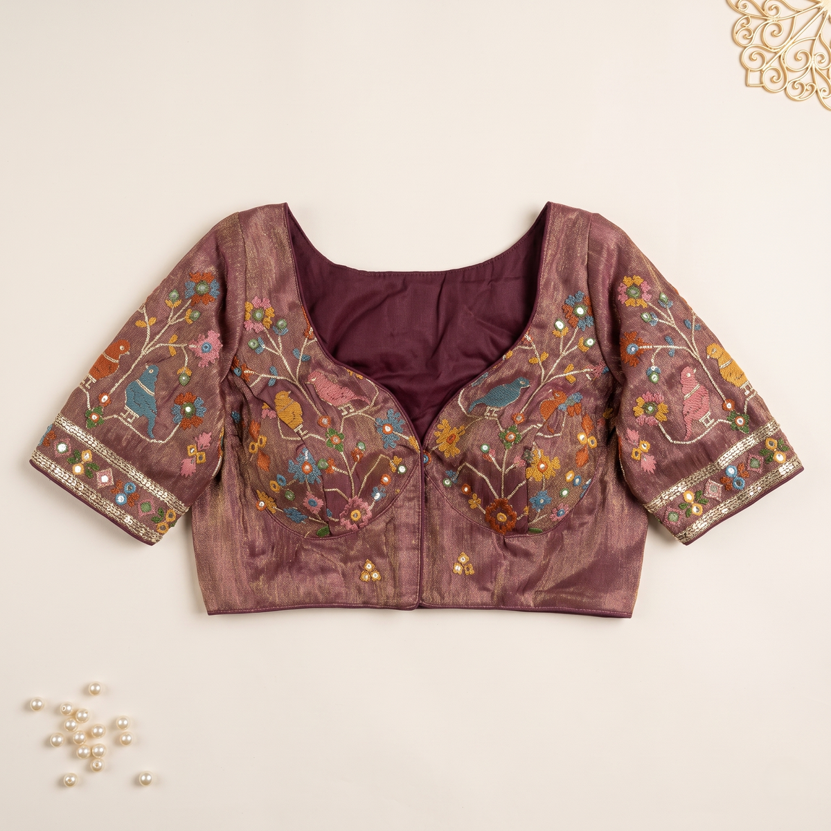 Wine Embroidered Silk Saree Blouse with Floral & Bird Motifs