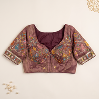 Wine Embroidered Silk Saree Blouse with Floral & Bird Motifs