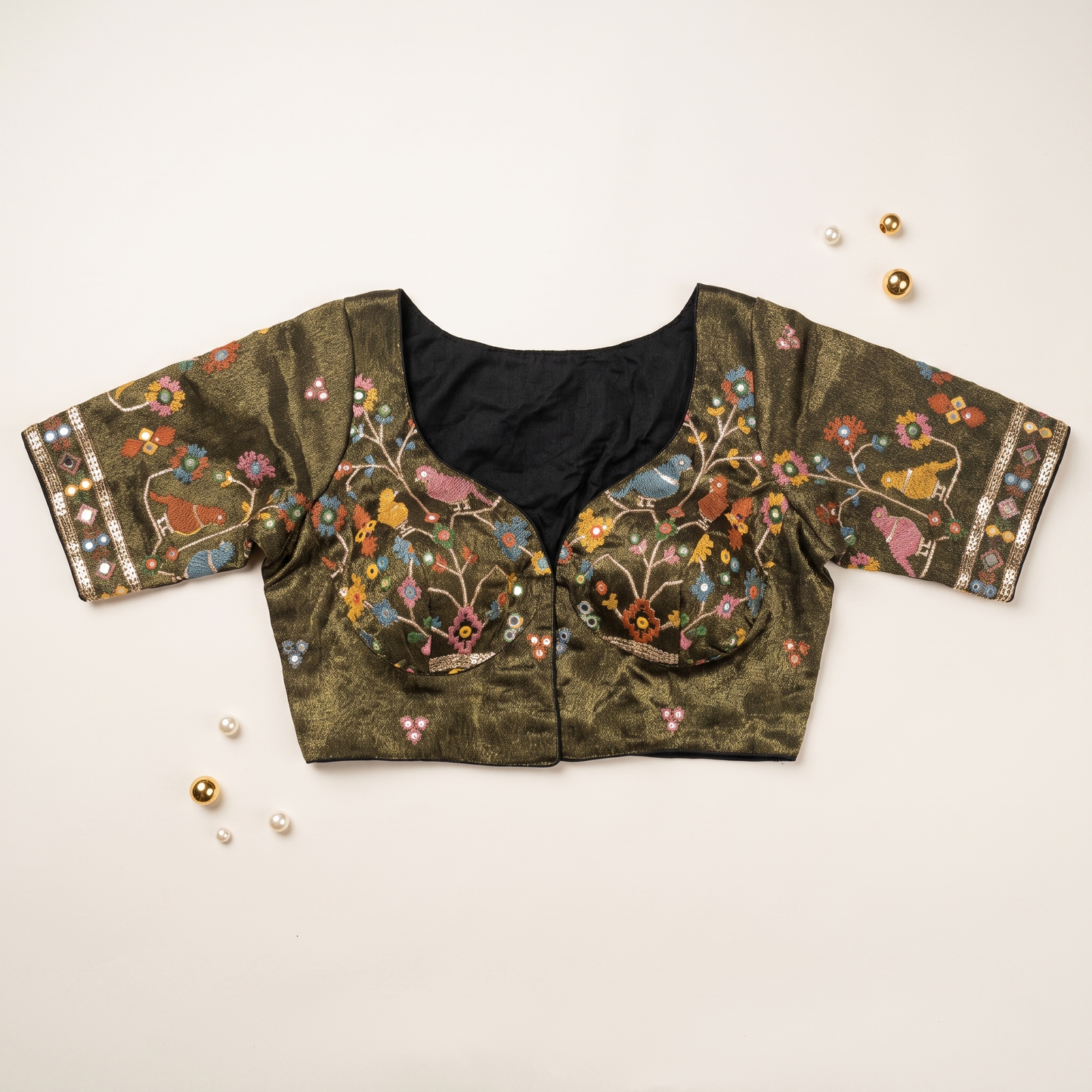 Dark Olive Embroidered Silk Saree Blouse with Floral & Bird Motifs