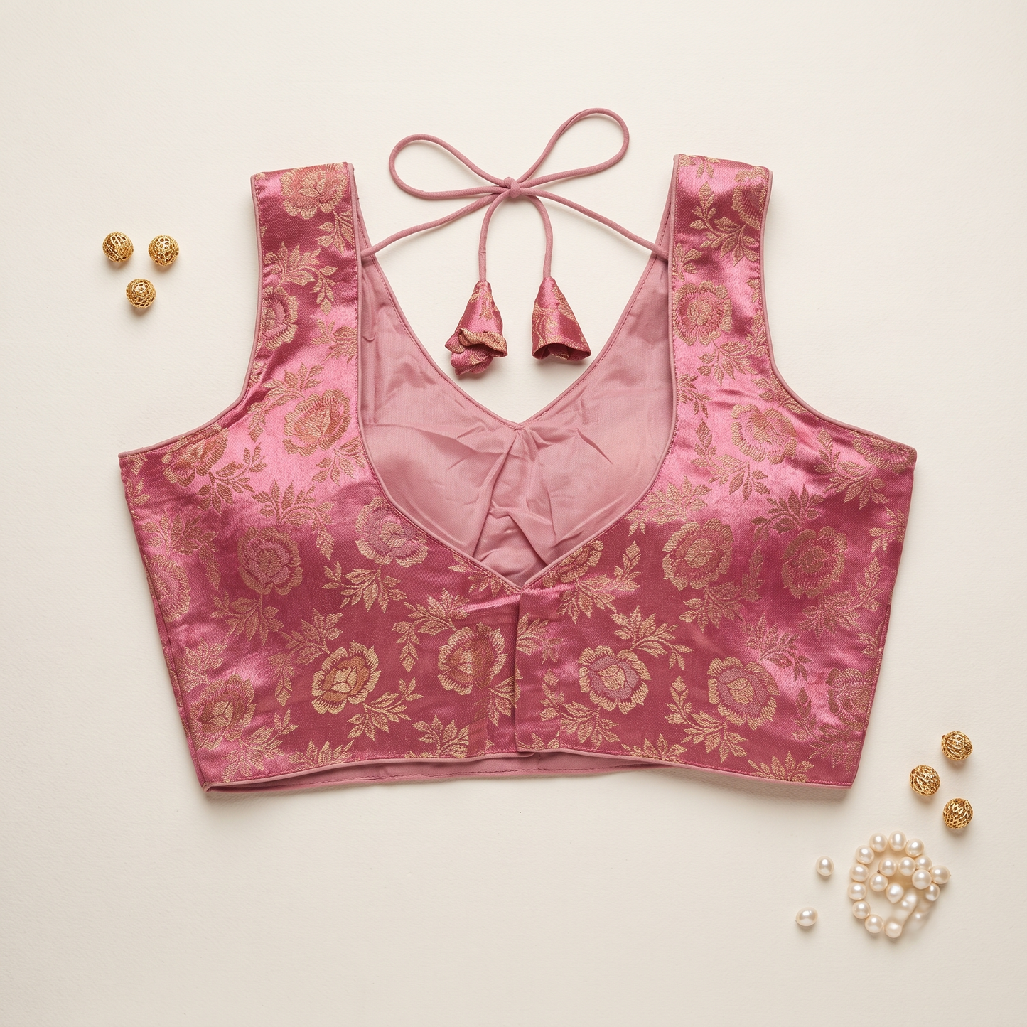 Peach Floral Jacquard Brocade Saree Blouse