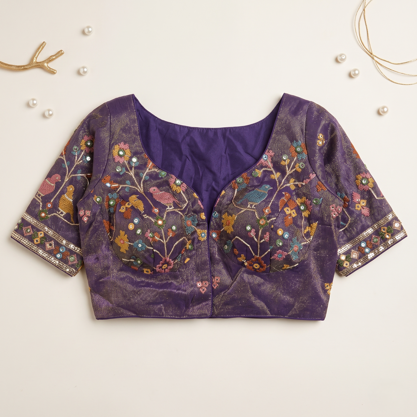 Dark Purple Embroidered Silk Saree Blouse with Floral & Bird Motifs