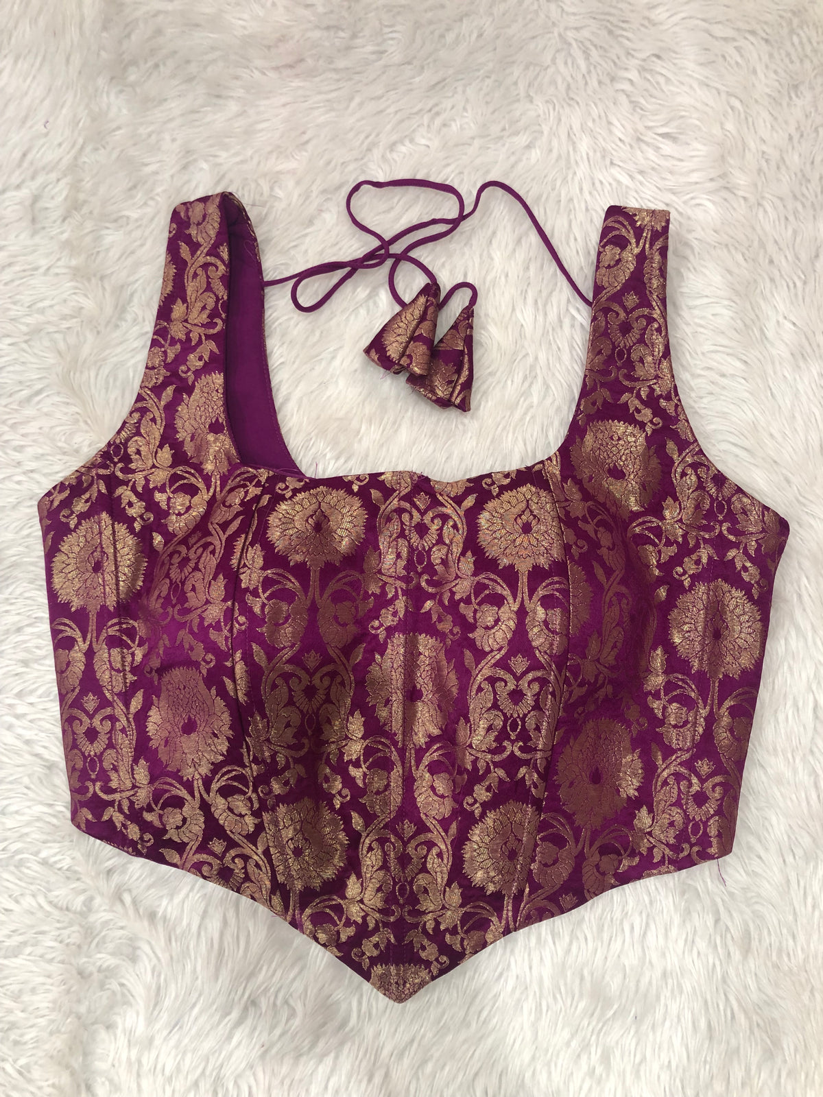 Purple Jacquard Crop Blouse with Dori Details