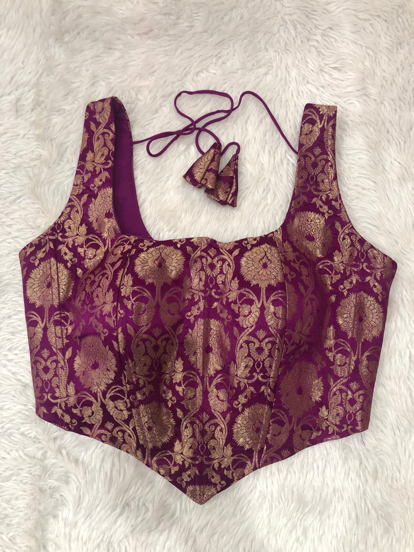 Purple Jacquard Crop Blouse with Dori Details