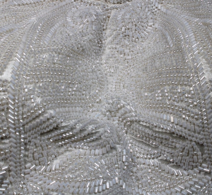 Pure White Silk Scalloped Wing Blouse with Silver Glass Bead & Sequin Embroidery