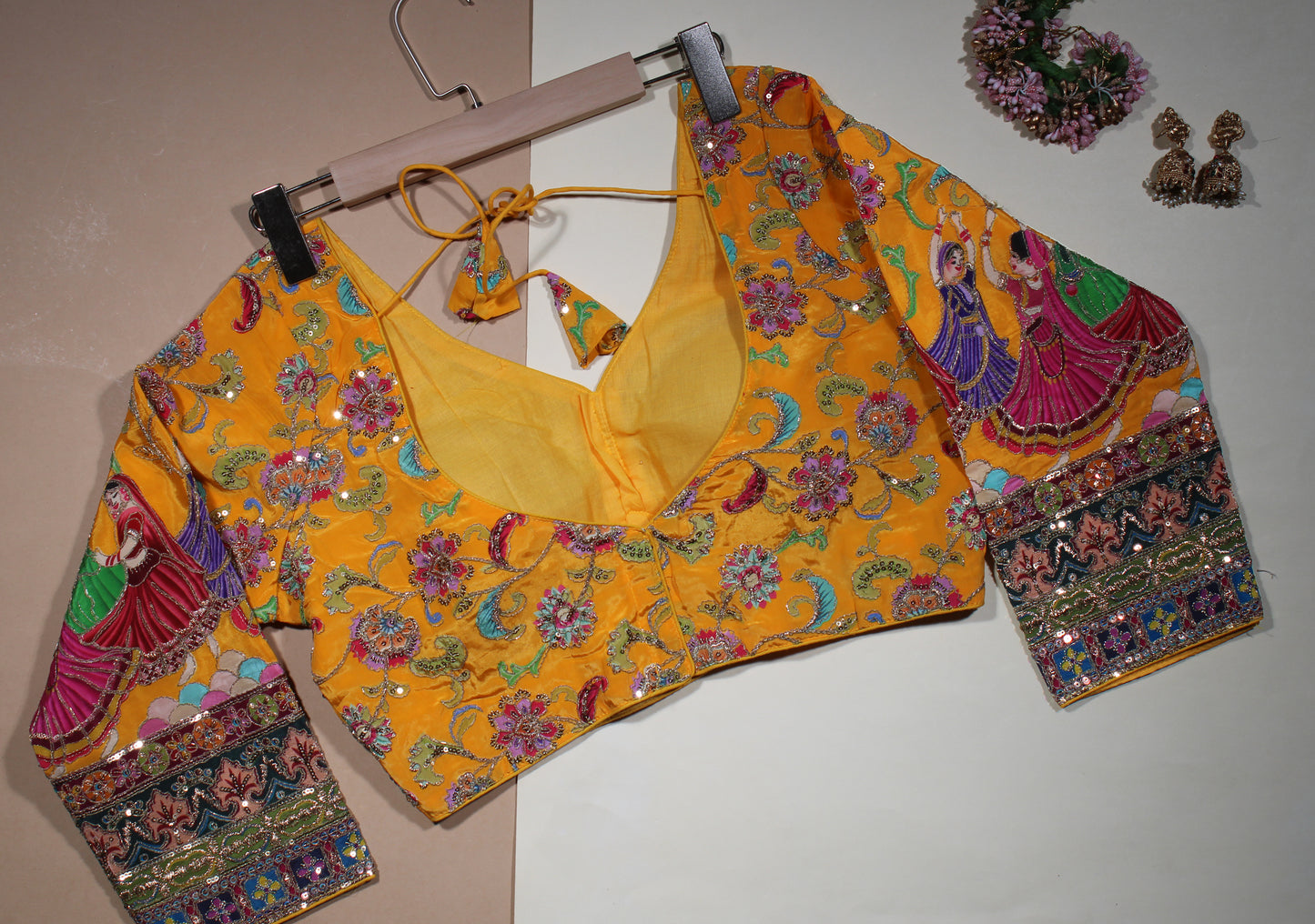 Mustard Yellow Silk Saree Blouse with Traditional Garba Dancer Embroidered Sleeves