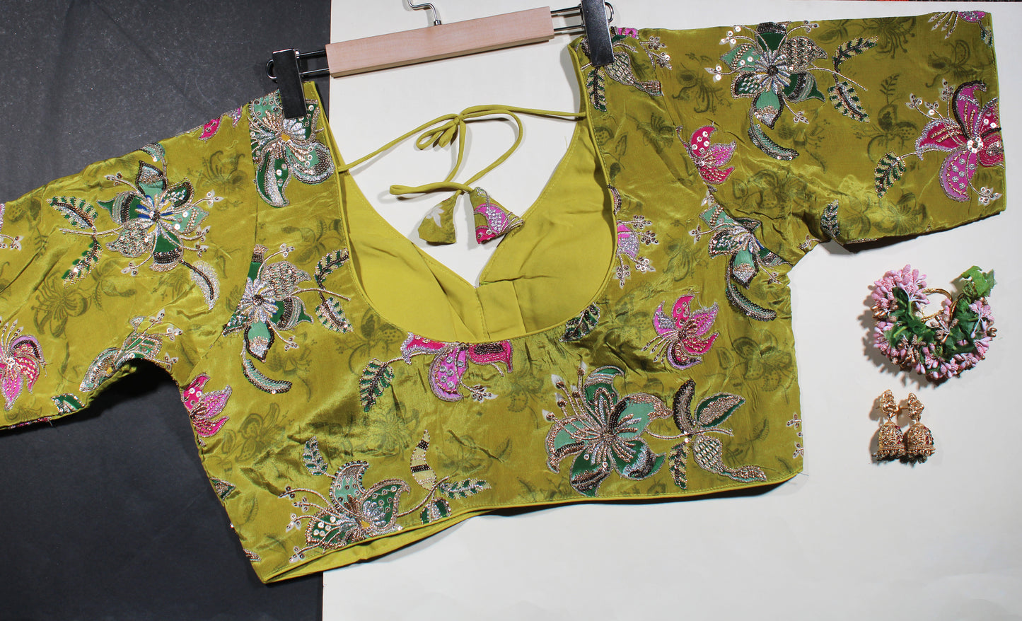 Green Velvet Hand-Embroidered Blouse with Dori Tie-Back