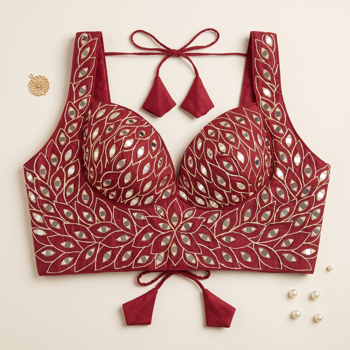 V Pink Mirror Work Broad Strap Crop Top Blouse for Lehenga & Saree