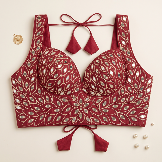 V Pink Mirror Work Broad Strap Crop Top Blouse for Lehenga & Saree