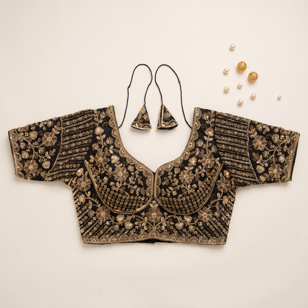 Black Hand-Embroidered Zardozi & Sequin Bridal Blouse
