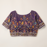 Dark Purple Embroidered Silk Saree Blouse with Floral & Bird Motifs