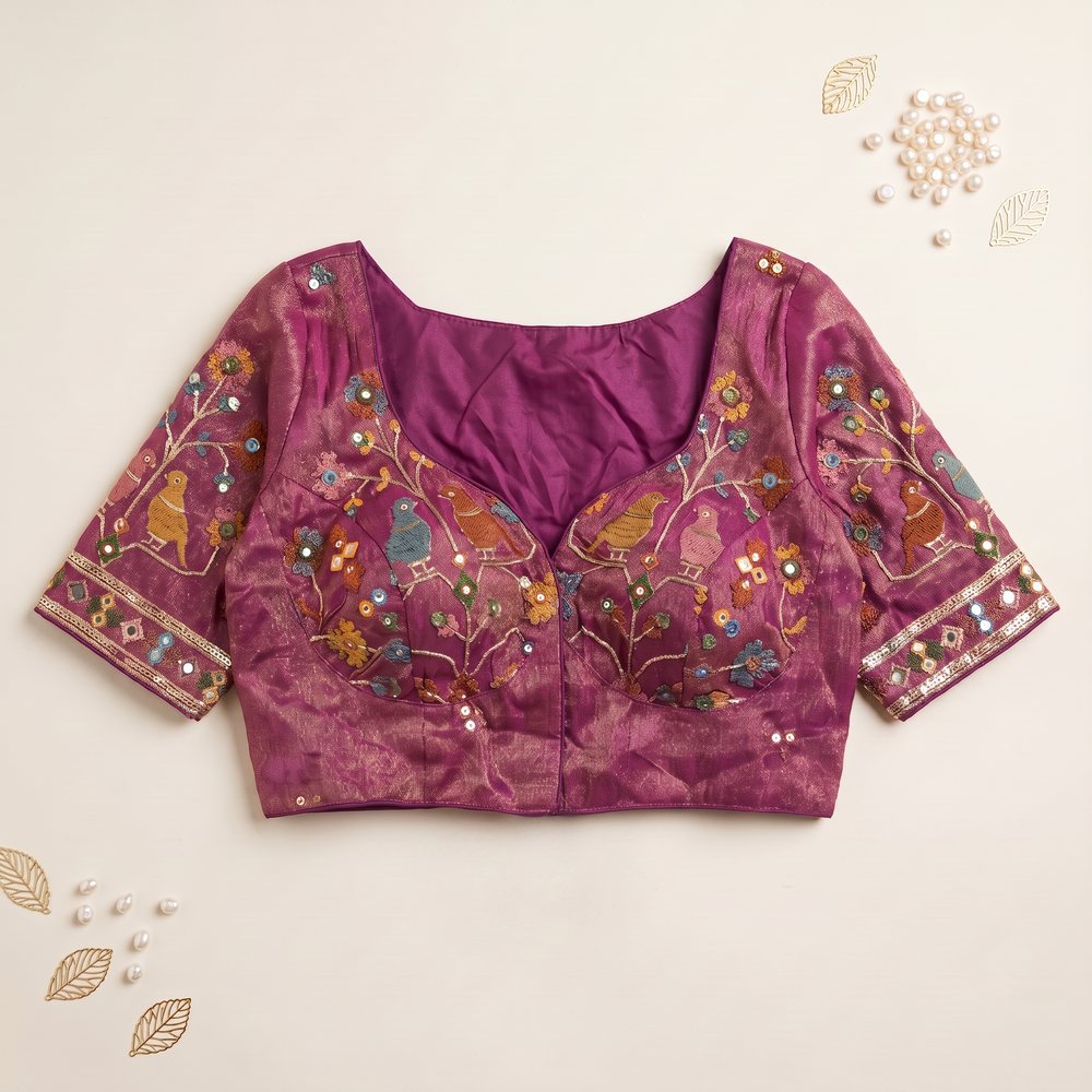 Dark Lavender Embroidered Silk Saree Blouse with Floral & Bird Motifs