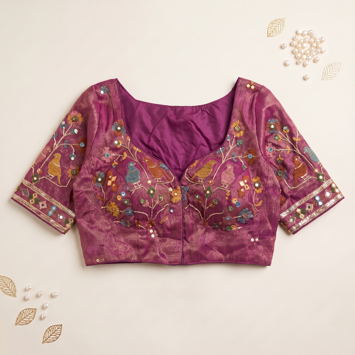 Dark Lavender Embroidered Silk Saree Blouse with Floral & Bird Motifs