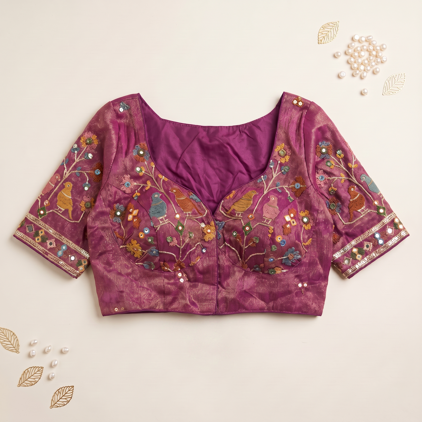 Dark Lavender Embroidered Silk Saree Blouse with Floral & Bird Motifs