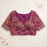 Dark Lavender Embroidered Silk Saree Blouse with Floral & Bird Motifs