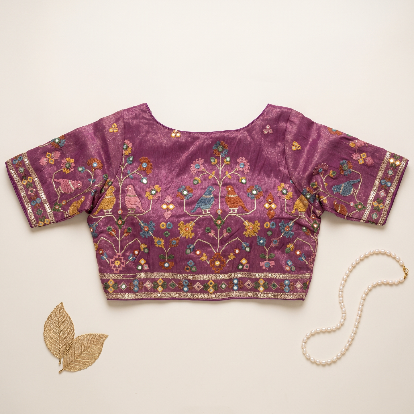 Dark Lavender Embroidered Silk Saree Blouse with Floral & Bird Motifs