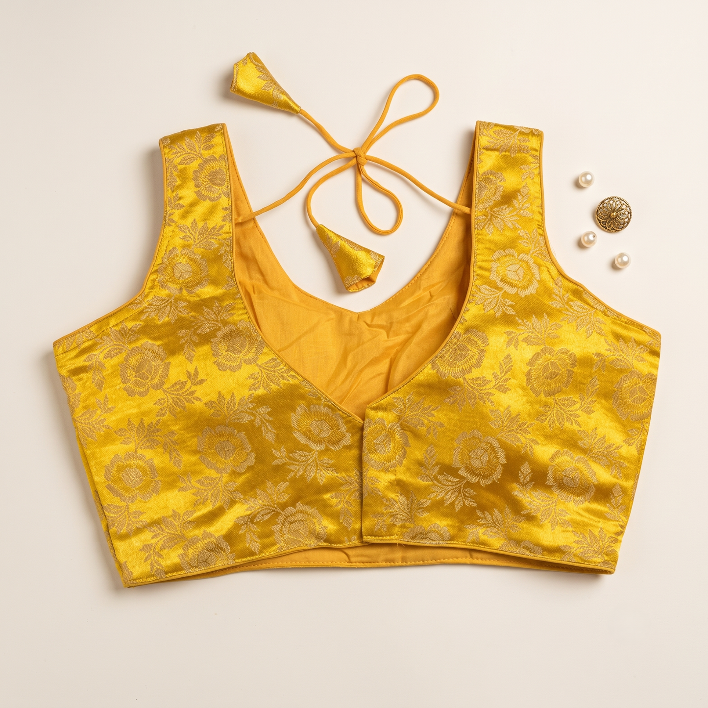 G Yellow Floral Jacquard Brocade Saree Blouse
