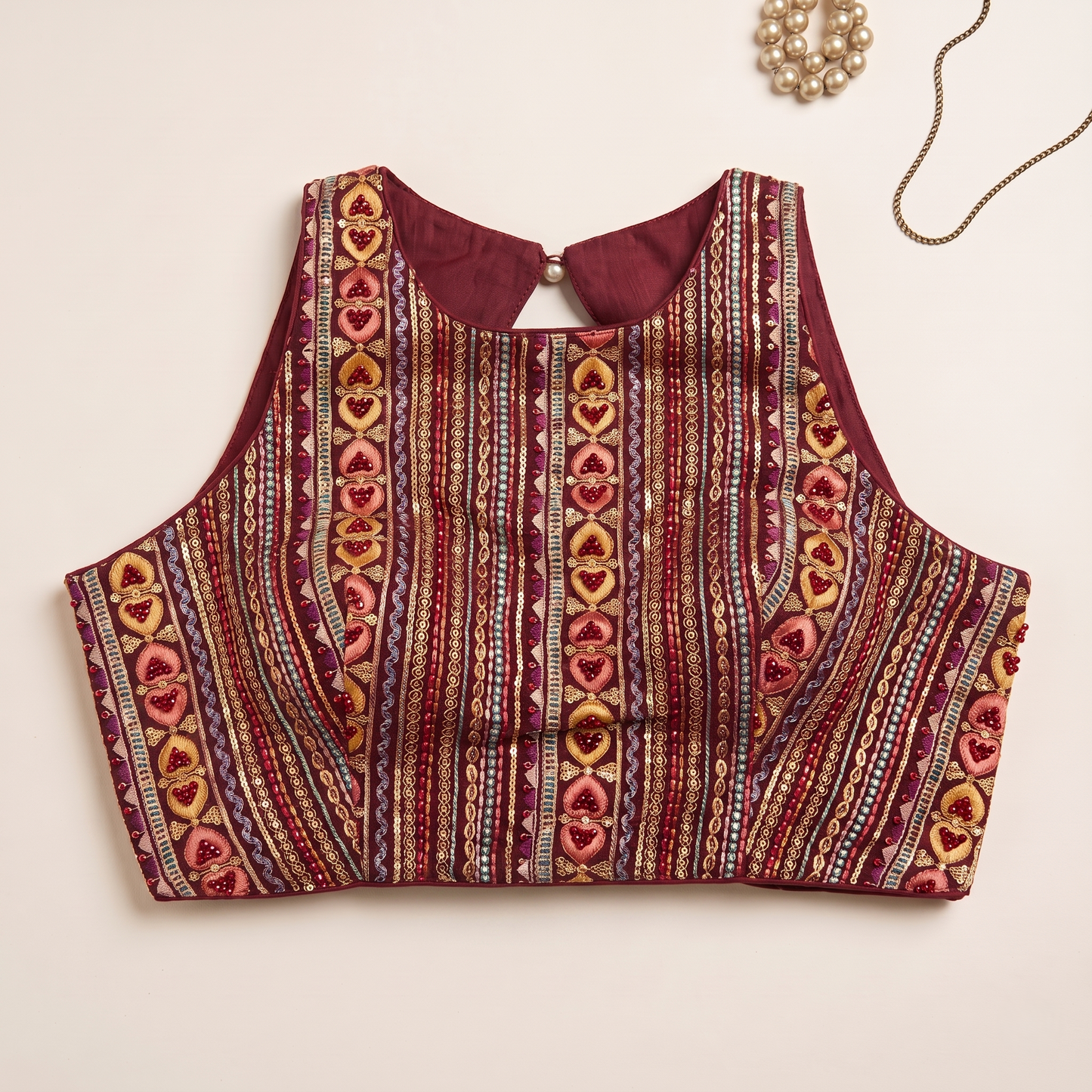 Wine Embroidered Sleeveless Blouse
