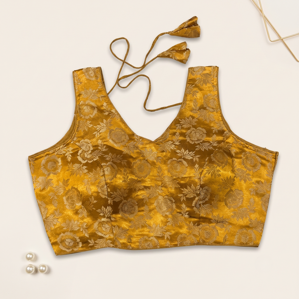 Mustard Floral Jacquard Brocade Saree Blouse