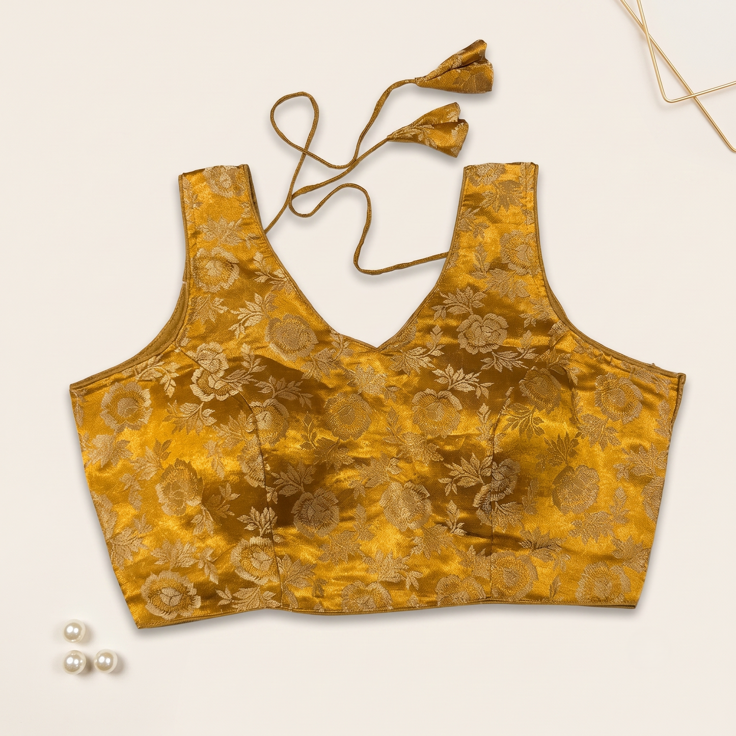 Mustard Floral Jacquard Brocade Saree Blouse
