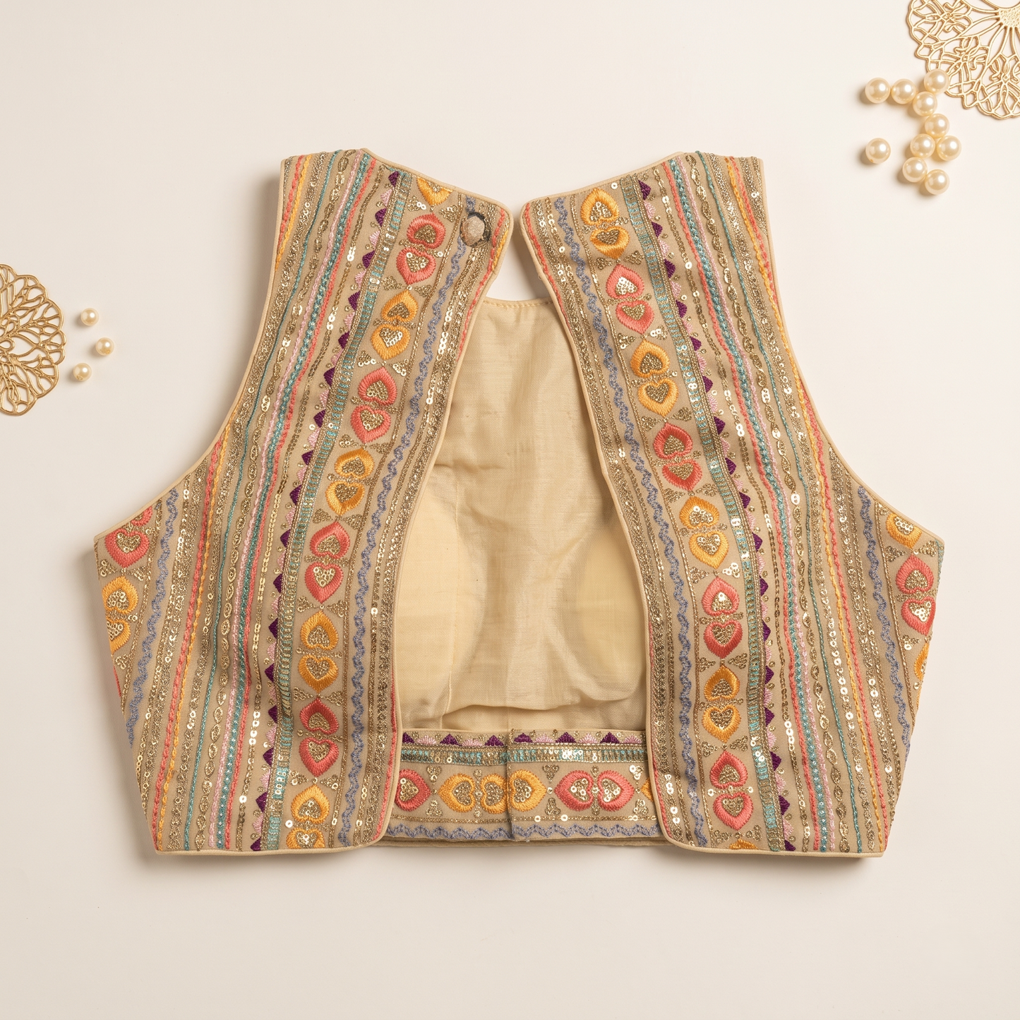 Beige Multicolor Embroidered Blouse