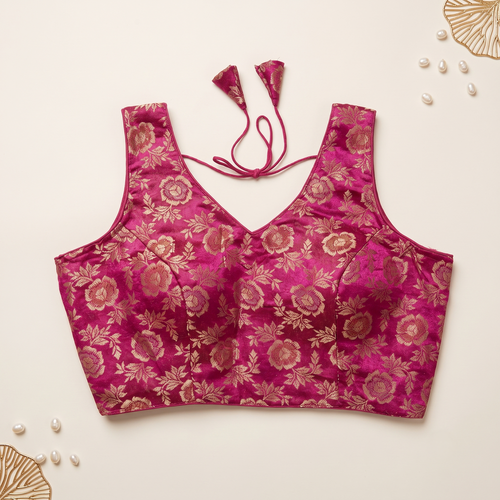 Fuchsia Floral Jacquard Brocade Saree Blouse