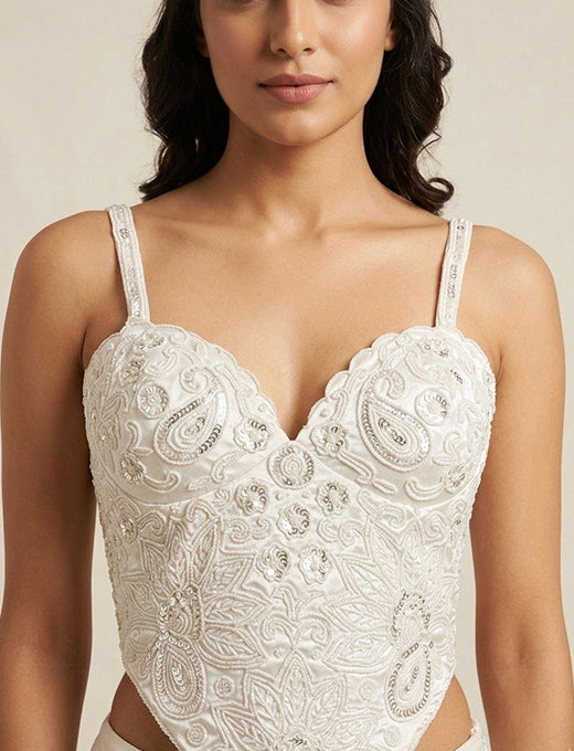 White Sequin Embellished Designer Corset Blouse