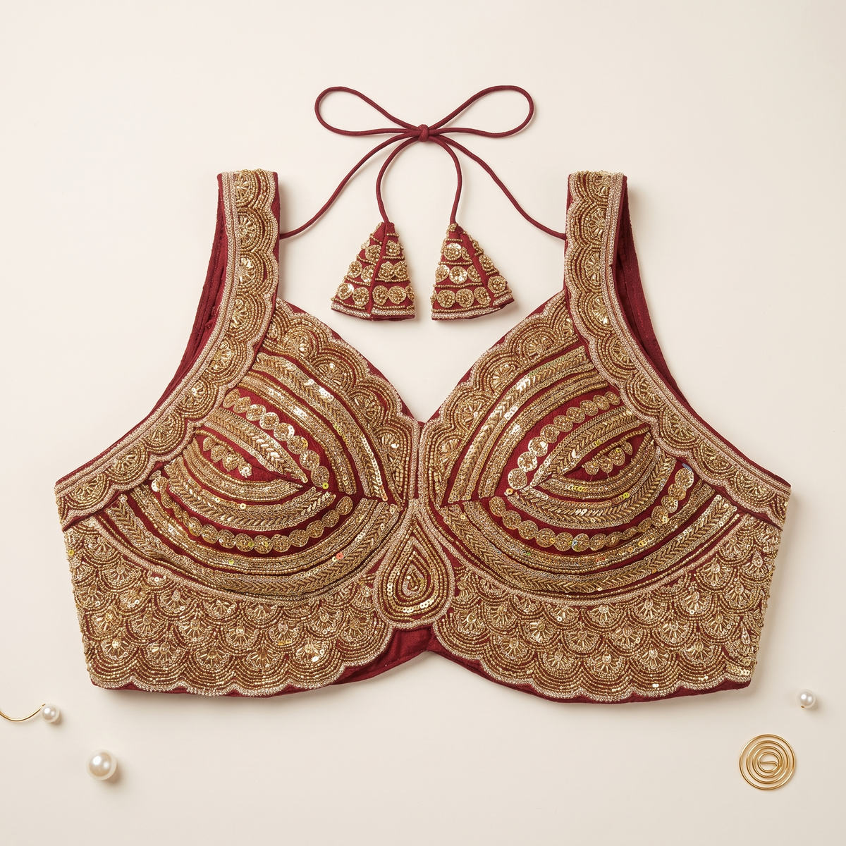 Royal Maroon Scalloped Sweetheart Neck Blouse with Tassel Tie-Up