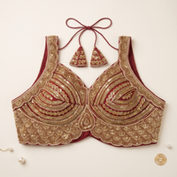 Royal Maroon Scalloped Sweetheart Neck Blouse with Tassel Tie-Up