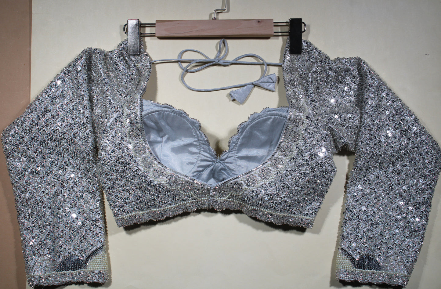 Silver Nude Hand-Embroidered Blouse with Delicate Sequin Borders