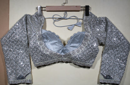 Silver Nude Hand-Embroidered Blouse with Delicate Sequin Borders